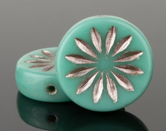 Czech Flower Bead, Aster Flower Coin Bead, Glass Beads, Turquoise Platinum Wash 12mm Aster Flower, 6 or 15 Beads, 5245R