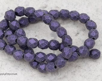 Czech Glass Firepolish Round Beads, Faceted Beads, 4mm Metallic Purple Round Fire Polished Beads, 50 Beads, 3468
