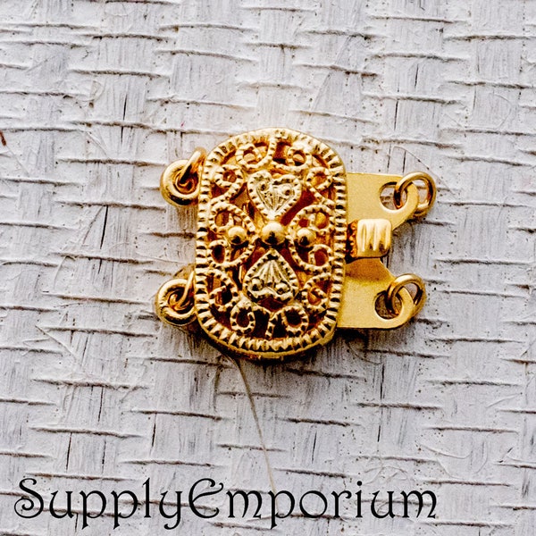 F 4658, 9x14mm Gold Box Clasp, Shiny Gold Plated Brass Box Clasp - 1 Clasp - Gold Rounded Rectangle Filigree Box Clasp