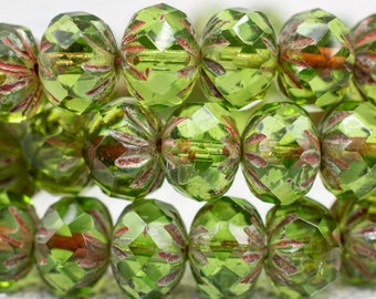 2612, Czech 6x9mm Peridot Picasso Cruller Beads, 10 Beads, Peridot Green Picasso Faceted Cruller Bead