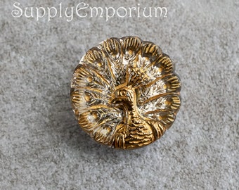 6749B - 18mm Champagne With Gold Peacock Czech Glass Button - 1 Button