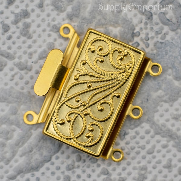 6961F, 21x23mm Matte Yellow Gold 3 Strand Box Clasp, Matte Gold Plated Brass Box Clasp - 1 Clasp - Gold Rectangle 3 Strand Clasp