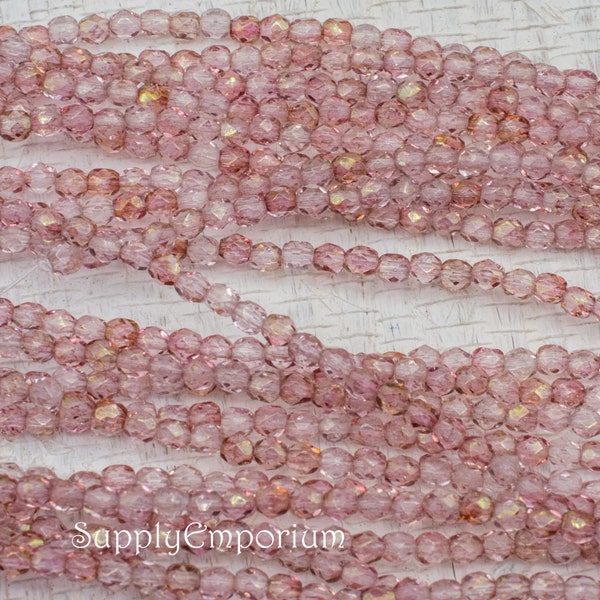 2853R (50)   3mm Czech Glass Luster Transparent Topaz Pink Fire Polish Round - Czech Luster Topaz Pink 3mm Firepolish Round Beads