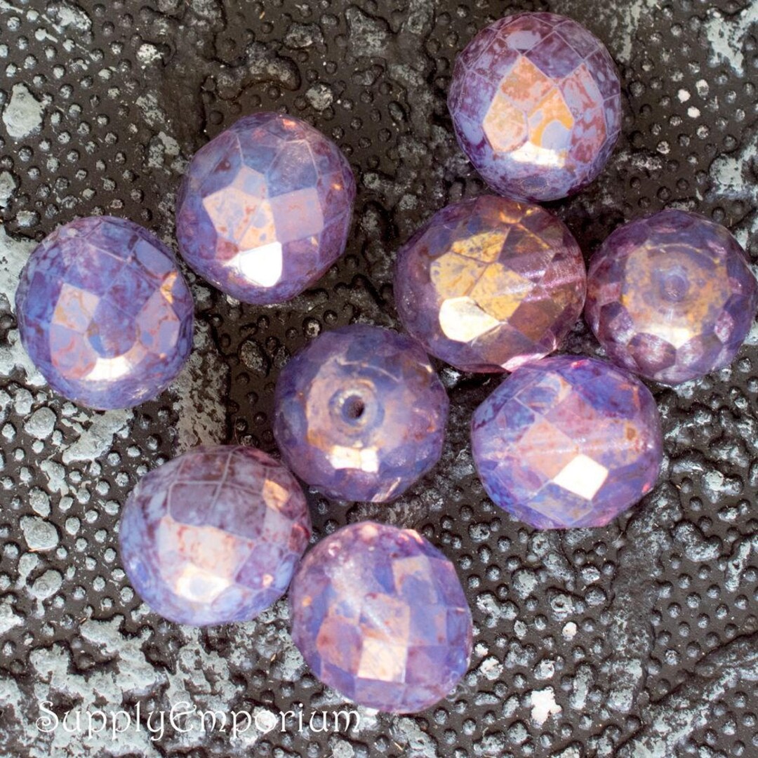 Czech Fire Polished Round Glass Beads, Light Luster Amethyst Picasso