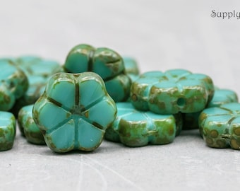 5257R (10)   - Czech Turquoise Picasso Garland Flower Beads