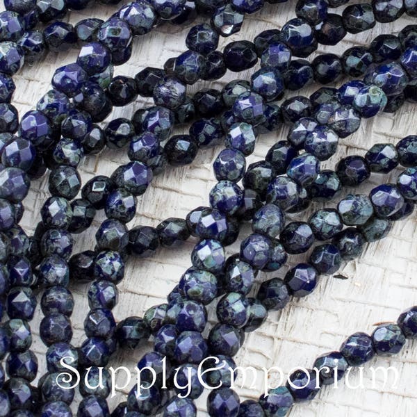 4360 (50)   2mm Czech Glass Navy Blue Picasso Fire Polished Faceted Round Beads - Navy Blue Picasso 2mm Firepolished Round