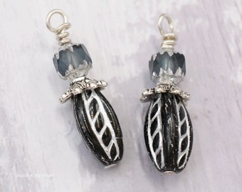 Antique Silver Wire Wrapped Czech Glass Drop Charms. WW 61 (2 charms)