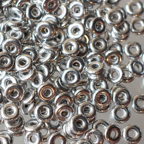1852 - Silver Czech Glass O Bead - Crystal Full Labrador Circle Beads - Metallic Silver Ring Bead, 5 Grams