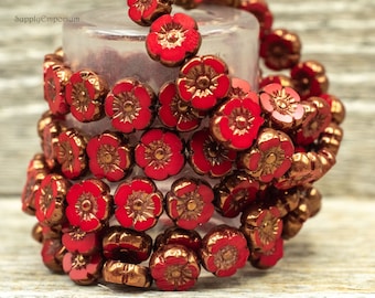 7224W, 9mm Czech Bronze Wash Red Hibiscus Flower Bead, aka Red Bronze Picasso Hawaiian Flower Beads, 6 Beads