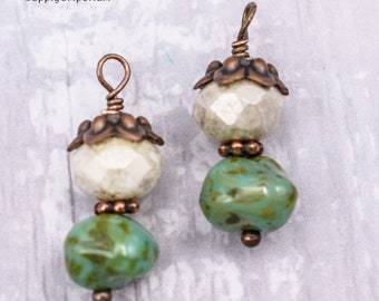 Antique Bronze Wire Wrapped Czech Glass Drop Charms, CHARM74, (2 charms)