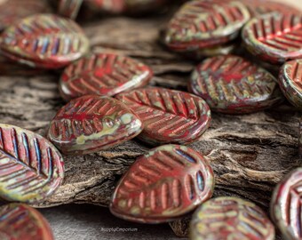 2488B (10)   - 16x12mm Scarlet Picasso Czech Glass Carved Flat Leaf - 16x12mm Red Picasso Flat Dogwood Leaf Bead