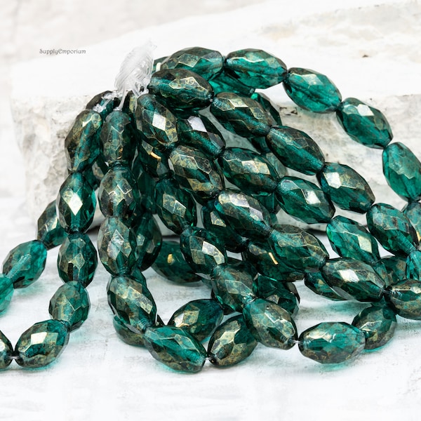 Oval Beads, Czech Glass Oval Barrel Beads, Gold Luster Emerald Green 12x8mm Oval Beads, 6529RR, 12 Beads