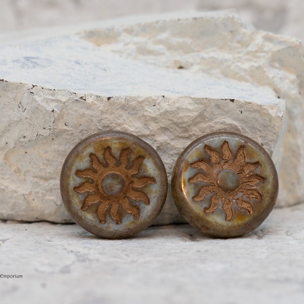 Czech Sun Coin Bead, Picasso Bead, Glass Beads, Bronze Wash Chartreuse Picasso 22mm Sun Coin Bead, 2 Beads, 7222W