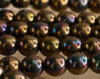 Round Beads, Czech Glass Beads, Druk Beads, 6mm, Smooth Round Bead, Oxidized Bronze Clay Smooth Round Glass Beads, 25 Beads, 1254RA
