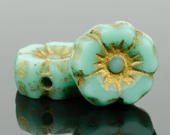 Czech Hibiscus Flower Bead, Glass Bead,  Turquoise with Gold Wash 7mm Hawaiian Flower Beads, 12 Beads, 4410R