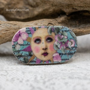 2 Hole Vintage Look Collage Moon Face Polymer Clay Image Transfer Connector, 1 Piece, 38x23mm Moon Face Polymer Clay Pendant, CLAY 2914