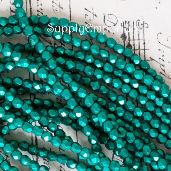 3mm Czech Glass Saturated Metallic Arcadia Green Fire Polish Round Beads, Saturated Metallic Arcadia Green Firepolish Round, 4140  (50)