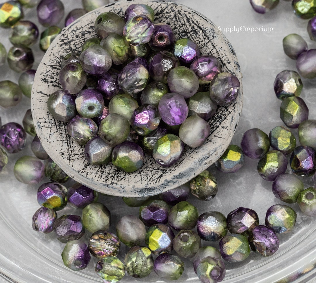 Czech Glass 6mm Fire Polish Round Beads, Faceted Bead, Etched Magic