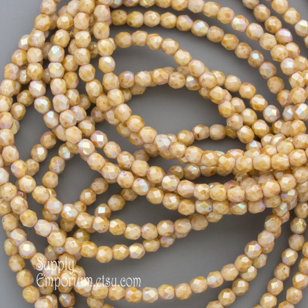 4mm Round Firepolished Stone Picasso Light AB Beads - Stone Light AB Picasso Fire Polished Beads, 803  (50)