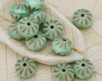 6x9mm Seafoam Cruller, Mint Green with Gold Inlay Czech Glass Cruller Rondelle,  Minty Seafoam Czech Cruller 3774  (12 Beads)