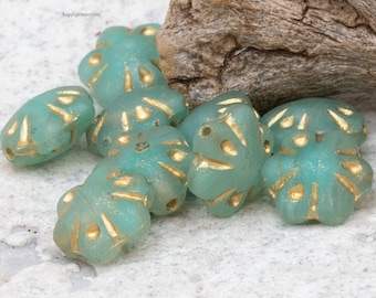 Czech Flower Bead, Folklore Flower, Folklore Bead, Matte Turquoise Green With Gold Wash, 12 Beads, 2474R