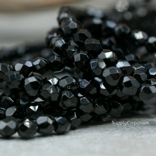 4576 - 4mm Czech Glass Jet Opaque Black Fire Polished Round Bead, Jet Black Faceted Beads, 50 Beads, Jet 4mm Round Bead, 4mm Black