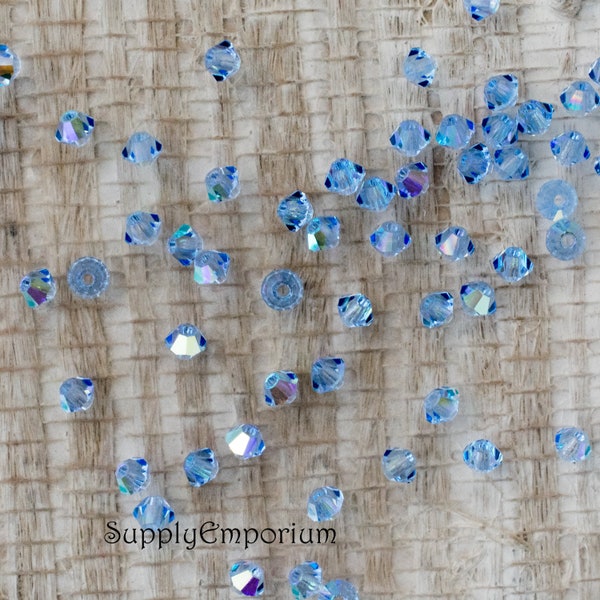 Crystal Bicone, Preciosa 3mm Light Sapphire AB Bicone, 3mm Preciosa M.C. Light Sapphire Blue AB Bicone, 24 Beads, 4636