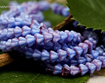 Flower Beads, Bell Flower Beads, Czech Glass Blue Raspberry Swirl Bell Flower, 5 Petal 4x6mm Flower Beads, 7417W, 24 Beads