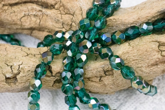 25 Pcs 6mm Firepolished Round Czech Glass Beads -Iridescent Clear Emerald