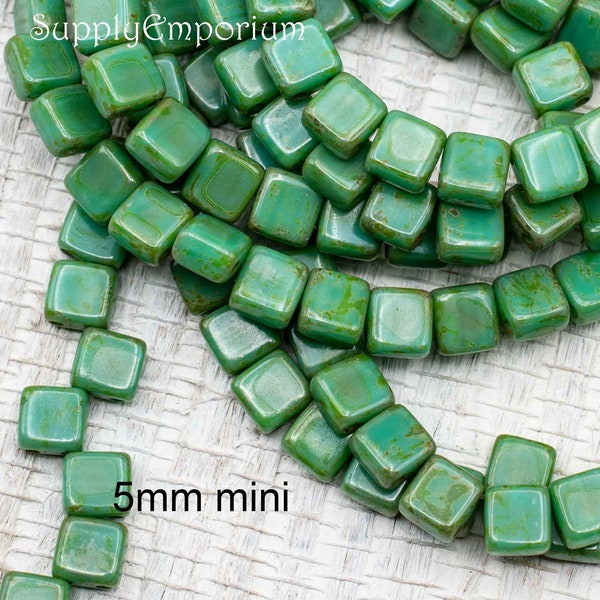 Czech MINI TILE 2 Hole Bead, 5mm Green Turquoise Travertin Mini Tile, 914R (30)