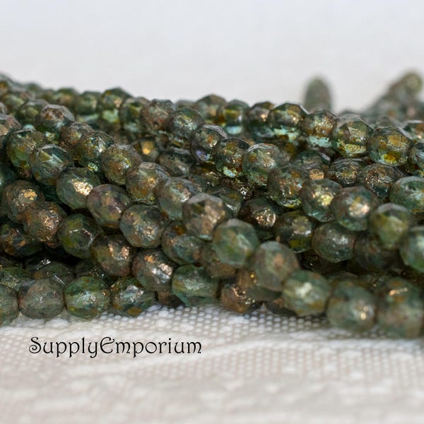 6mm Czech Glass Beads, Faceted Round, 25 beads, Aquamarine Stone Copper Picasso 6mm Fire Polished Round, 1672