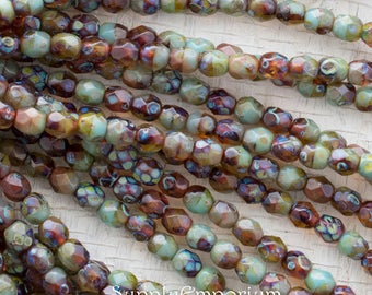 Round Beads, Picasso 4mm Fire Polished Beads, Czech Glass Beads, Turquoise Topaz 4mm Firepolished Round Beads, 2021  (50)