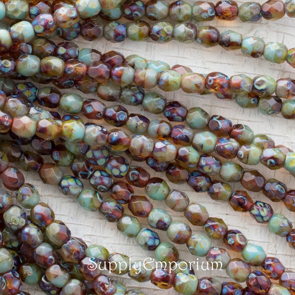 Round Beads, Picasso 4mm Fire Polished Beads, Czech Glass Beads, Turquoise Topaz 4mm Firepolished Round Beads, 2021  (50)