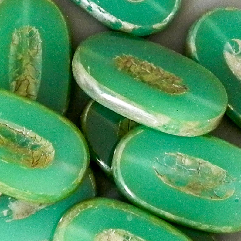 Czech Picasso Oval, Focal Bead, Green Picasso Carved Oval 26mm Picasso Oval, Czech Glass Bead, 4 beads, 1365 image 2