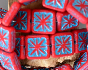 Tile Beads, 1 Hole Tile, Czech Glass Carved Square Beads - Matte Red with Turquoise Wash Compass 15mm Square Beads - 12 Beads, 2376