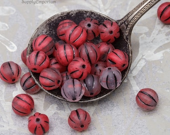 Melon Beads, Czech Glass Beads, Large Hole Beads, 8mm Beads, Round Beads, Red Picasso 8mm Melon Bead, 15 Beads, 852RA