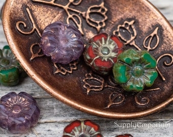 Flower Bead, 7mm Hibiscus Flower Mix - 7mm Carved Hawaiian Flower Mix, Czech Glass Flower Bead - 12 Beads (MIX 143B)