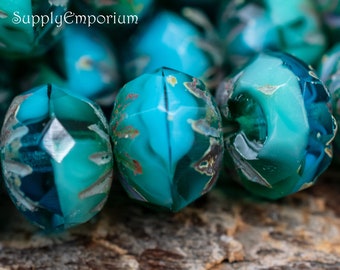 5990, Czech 6x9mm Opaque and Transparent Teal Picasso Cruller Beads, 10 Beads, Teal Picasso Faceted Cruller Bead