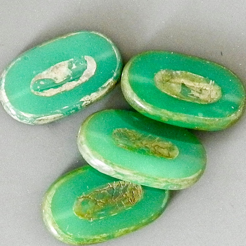Czech Picasso Oval, Focal Bead, Green Picasso Carved Oval 26mm Picasso Oval, Czech Glass Bead, 4 beads, 1365 image 1