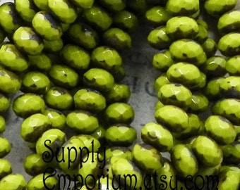 Czech Glass 7x5mm Rondelle Avocado Green Picasso Beads, 1795