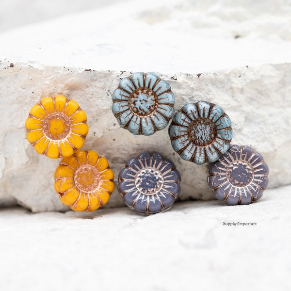 Czech Flower, Sunflower Bead, Picasso Flower Glass Beads, 13mm Czech Picasso Sunflower Bead Mix, MIX174, 6 Mixed Colors