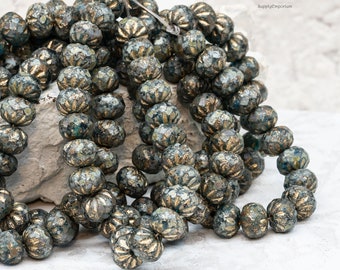 Rondelle Beads, Czech Cruller, Faceted Beads, 7x10mm Czech Cruller, Etched Pacific Blue Picasso Gold Wash Cruller, 894RA, 12 or 25 Beads)