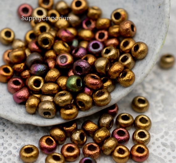 6 0 Czech Glass Etched Purple Iris Gold Seed Beads Etched Purple
