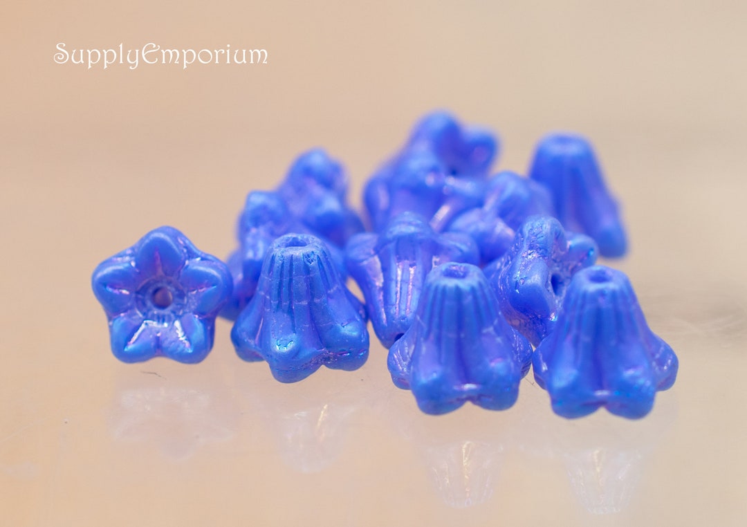 Czech Glass Baby Bell Flower Beads – Luster Sapphire Blue 5x6mm – 50 Pieces