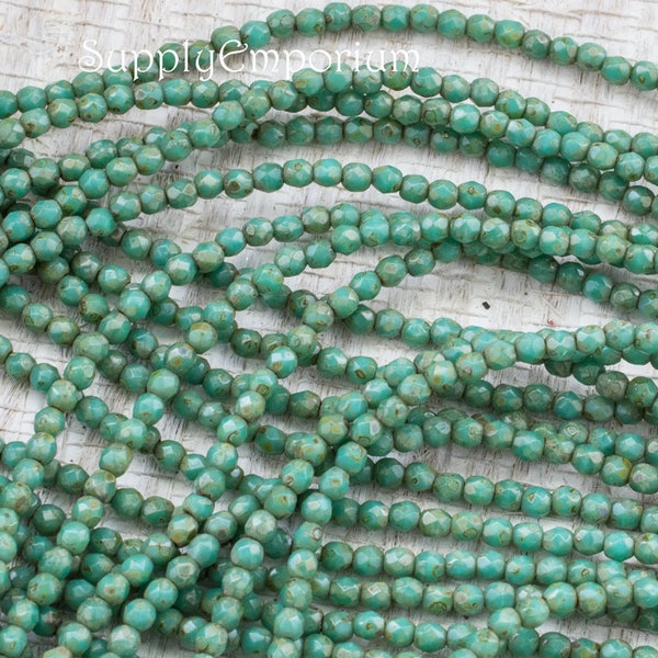 2mm Czech Glass Picasso Fire Polished Faceted Round Beads - Turquoise Picasso 2mm Firepolished Round- 50 Beads - 4359