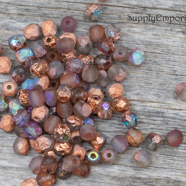 2633 (100)   4mm Czech Glass Crystal Etched Copper Rainbow Faceted Round Bead - Firepolished 4mm Etched Copper Rainbow Round Beads