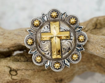 Cross Concho for Leather. 32mm Gold and Silver Cross Metal Concho with Screw Back, 1 Piece. C1
