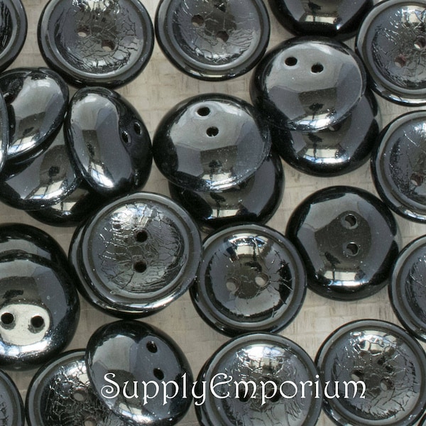 Czech Button, 14mm Cup Button, Glass Button, 2 Hole Button, 4908B (4), Jet Czech Glass Cup Button