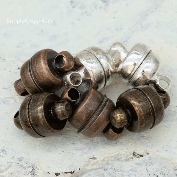 372-F, 7x11mm Assorted Magnetic Ball Clasps, 6 clasps, Silver, Antique Copper, Antique Brass Magnet Clasps