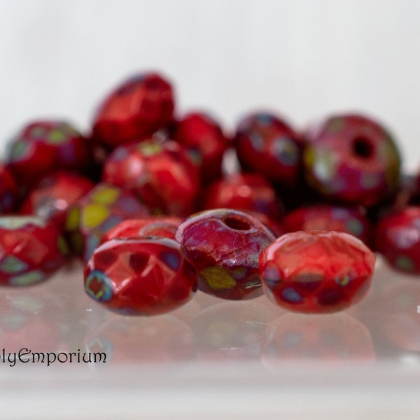 3415 (50)   -Red Dark Travertine Rondelle - Czech Glass Beads - 3x5mm Bead- Firepolished Donut- 5x3mm Rondelle